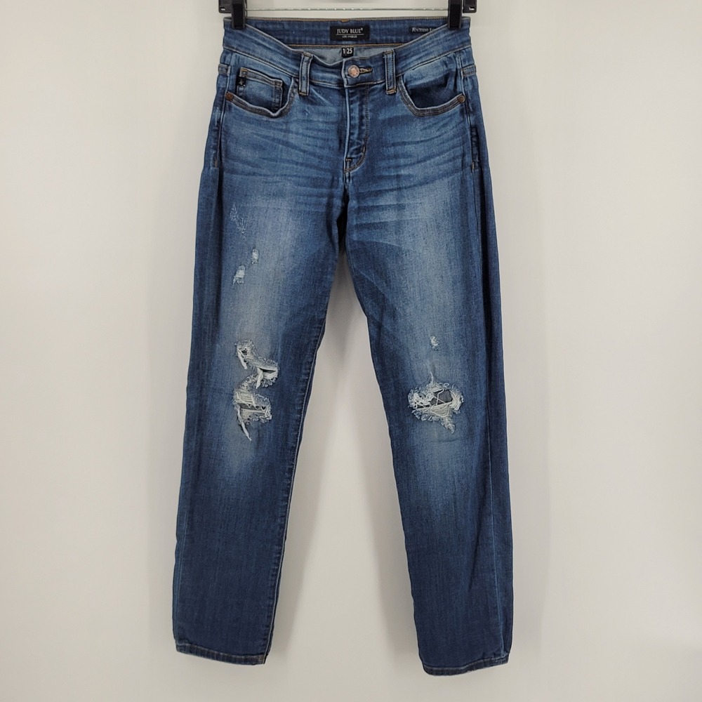 Judy Blue Boyfriend Fit Jeans Womens 1/25 Blue Distressed Mid Rise Denim‎